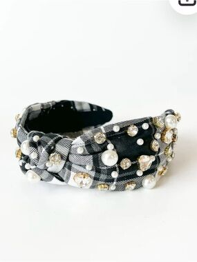 Embellished Black & White Plaid Knotted Headband with Pearls and Crystals